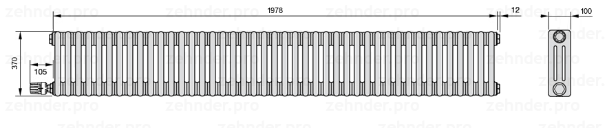 Схема (чертеж) Радиатор Zehnder Charleston 3037/43 №V003 Белый глянцевый RAL 9016